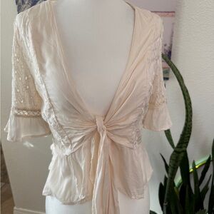 American Eagle Outfitters Cream Embroidered Tie-Front Blouse